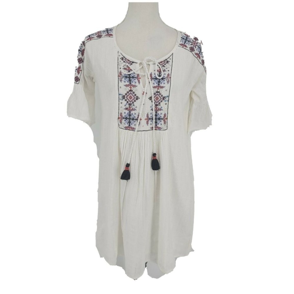 Miss Me White Embroidered Tunic Dress Tassel Tie S